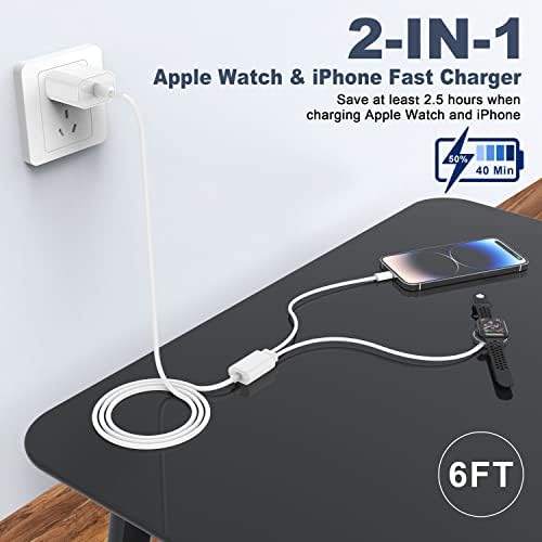 Upgrade Your Charging Efficiency with the 2-in-1 Fast Charger for Apple Devices – 6 FT USB C Cable & 20 W Wall Adapter, Compatible with Apple Watch Series 8/7/6/5/SE and i Phone 14, Sleek Black Design for Ultimate Convenience and Speed