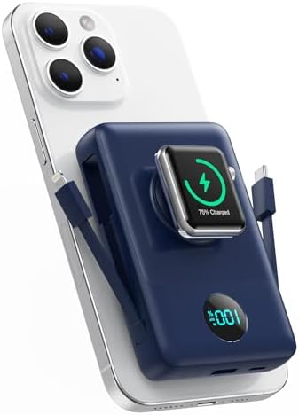 Ultimate 6-in-1 Magnetic Portable Charger, 10800 m Ah Power Bank for i Phone – Features Integrated Cables, Wireless Charging for Apple Watch, Smart LCD Display, and 25 W PD Fast Charging – Perfect Travel Accessory for All Devices with Enhanced Safety Features and Compatibility for i Phone 12 to 16 Series