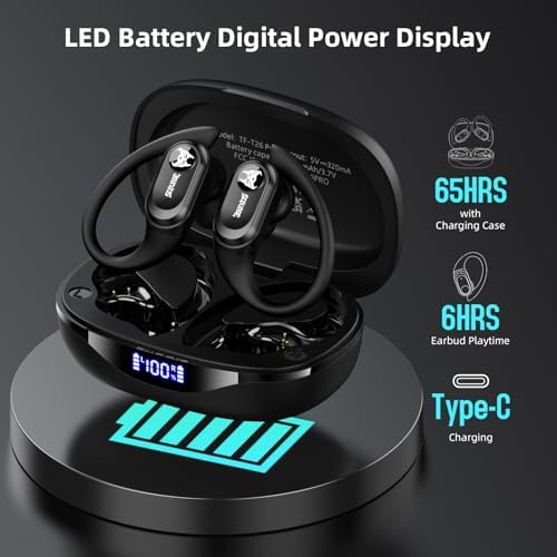 XINLINSHOE Bluetooth 5.4 Sport Earbuds with LED Charging Case – 65 Hours of Playtime, Industry-Leading Noise Cancellation for Ultimate Focus, Ergonomic Over-Ear Design for Secure Comfort in Workouts and Running – Ideal for Fitness Enthusiasts and Active Lifestyles
