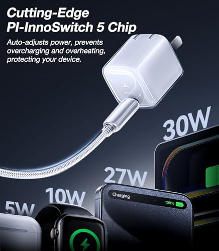 Ultra-Fast TORRAS Icenano 30 W USB-C Charger Block – PD 3.0 Compatible Wall Adapter with 5.5 ft Cable, Stylish Crystal Pink Design, Low-Temperature Operation for Safe Charging of i Phone 16/15 & Mag Safe – Perfect for Travel and Home Use