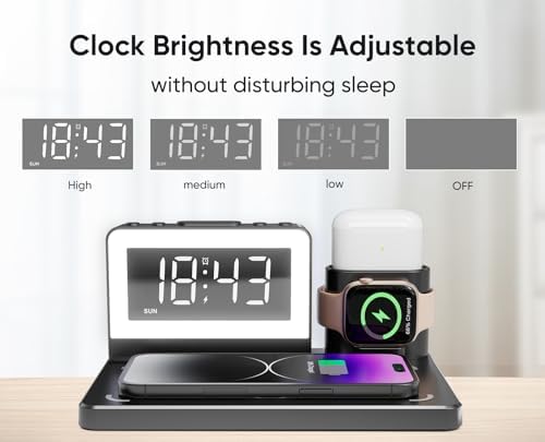 Revolutionize Your Charging Routine with the 7-in-1 Wireless Fast Charging Station – All-in-One Alarm Clock Dock for i Phone, Samsung Galaxy, Apple Watch & Air Pods – Enhanced Speed, Sleek Design, and Safety Features for Ultimate Convenience