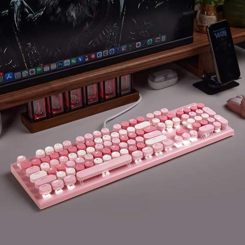 Charming Retro Pink Wired Keyboard with White Backlighting, Volume Control Knob, and Adjustable Stands – Perfect for Stylish Typing on PC or Laptop – Enhance Your Workspace Aesthetic Today!