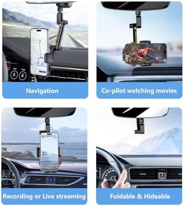 Premium Aluminum Alloy Rear View Mirror Phone Holder – Adjustable Smartphone Car Mount with Rotatable Cradle for Hands-Free Navigation and Enhanced Safety – Universal Fit for All Smartphones, Tool-Free Installation, Sleek Design for Modern Vehicles