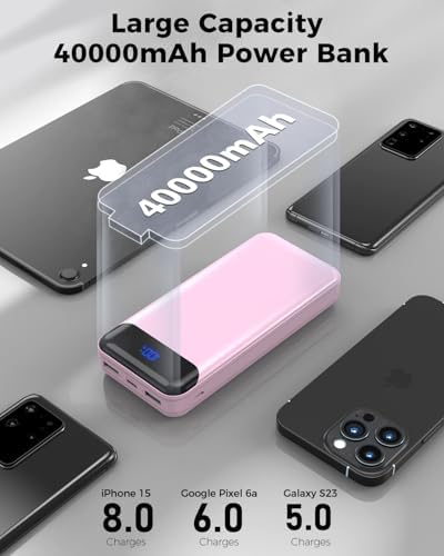 Ultra High-Capacity 40000 m Ah Portable Power Bank with PD 30 W & QC 4.0 Fast Charging – Versatile USB-C & USB-A Outputs, Dual Input Ports, Sleek Pink Design for i Phone 15, 14, 13 & More – Perfect for Travel and Daily Use