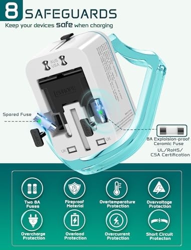 Global Travel Power Adapter with Dual USB-C & USB-A Ports – Compact 240 V AC Charger for International Use in EU, US, UK, AUS – Fast Charging Solution for Modern Travelers – Sleek, Lightweight Design (Black/Blue)