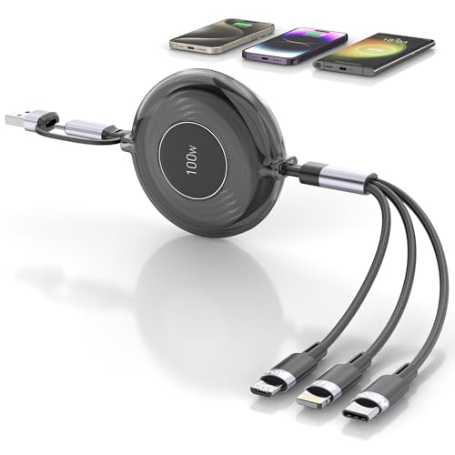 Versatile 3-in-1 Retractable Multi Charging Cable – 100 W USB-C Fast Charger for i Phone 15, 14, 13 & Samsung Devices – Stylish 4 FT Tangle-Free Cord in Elegant Pink – Essential Travel Companion for Quick Charging and Enhanced Compatibility
