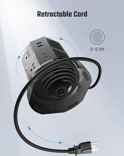 Revolutionize Your Charging Setup with SUPERDANNY Power Strip Tower – 15 W Wireless Charger, 6.5 Ft Retractable Cord, 1050 J Surge Protection, 8 Outlets & 4 USB Ports (2 USB-C) for Ultimate Home and Office Versatility