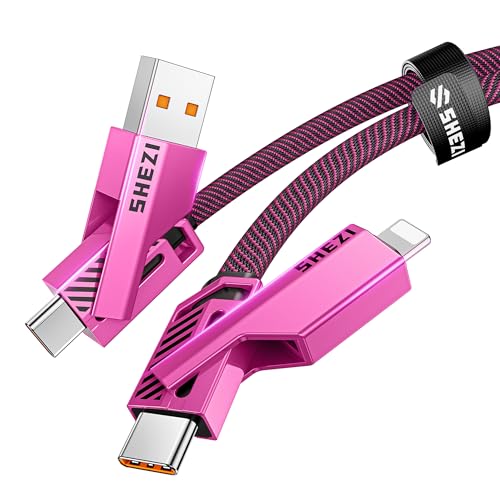 SHEZI 4-in-1 Fast Charging USB C Cable – 60 W Power Delivery with Lightning, USB C, and USB A Ports – 5 FT Durable Flat Nylon Braided Cord – Stylish Pink Design for i Phone, i Pad, and More – High-Speed 480 Mbps Data Transfer Solution for All Your Devices