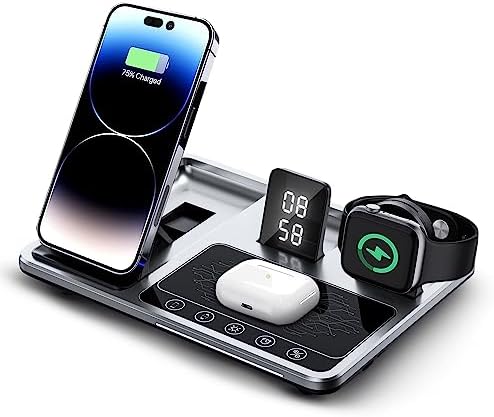 Revolutionary 4-in-1 Wireless Fast Charging Hub with Integrated Alarm Clock & Adjustable Night Light | Travel-Optimized Design for i Phone, Apple Watch, and Air Pods | Ultra-Fast Charging Station for Effortless Multi-Device Power Management and Stylish Portability