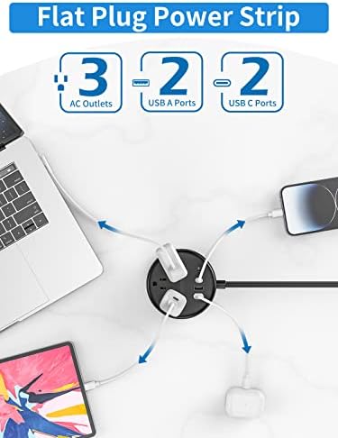 Flat Extension Power Strip with USB Charging Ports – NTONPOWER 5 Ft Slim Cord Surge Protector for Home & Office – 3 AC Outlets + 2 USB-C & 2 USB-A Ports for Fast Device Charging – Ideal for Space-Saving & Travel Use