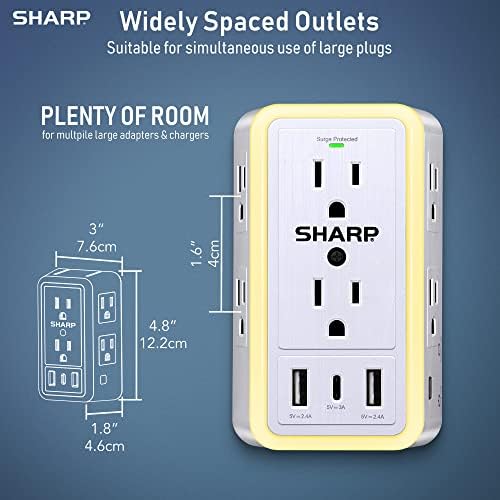 Ultimate Sharp Surge Protector Wall Charger with 6 Spacious Outlets, Rapid Charging, Dual USB-A & USB Type-C Ports, Adaptive Nightlight – Exceptional Device Compatibility & Efficiency for Home or Office Use