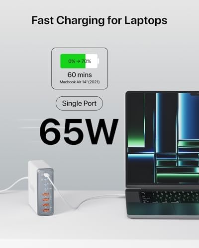 Ultimate 140 W USB-C 8-Port Fast Charging Station – Portable Ga N Power Adapter for Mac Book Pro/Air, i Phone 15/Pro, Galaxy & More – Compact Travel Charger with 65 W Laptop Support for Effortless Device Management and Efficiency