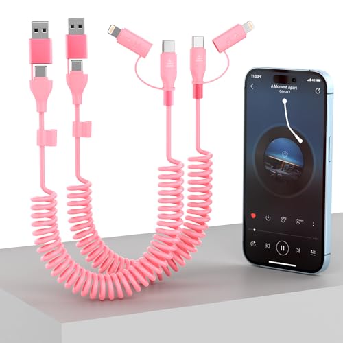 Multi-4-in-1 Coiled USB A/Type C to Lightning/USB-C Cable for Apple Car Play – 2 Pack Fast Charge & Data Sync Cable, 60 W Power-Up Solution for i Phone 14/13/12/11 SE/Xr/i Pad Pro & Android/Samsung Devices – MFi Certified, 4 Ft Tangle-Free Design in Pink – Ultimate Durability & Enhanced Compatibility