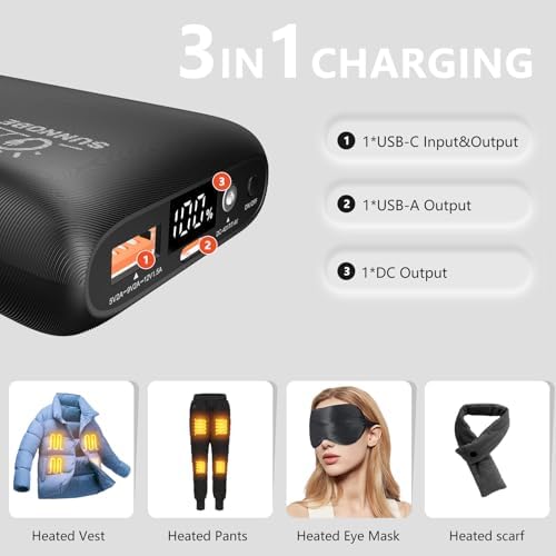 12000 m Ah Heated Vest Battery Pack – Versatile Power Bank for Heated Apparel with DC/USB/Type-C Outputs and LED Indicator – Ultimate Compatibility for Jackets, Pants, and Blankets – Stay Warm and Charged Anywhere