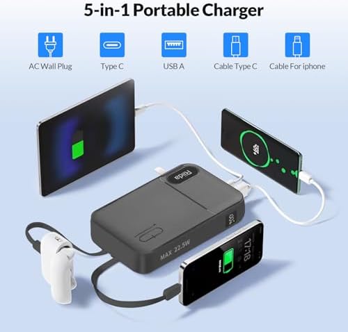 Ultimate 10,000 m Ah Portable Charger with Built-in Cables – 22.5 W Fast Charging Power Bank for i Phone 16/15/14/13, Samsung Galaxy S24/S23/S22, Google Pixel, and LG Devices – Travel-Friendly Battery Pack with AC Wall Plug for Effortless Recharging, Sleek Black Design for On-the-Go Convenience