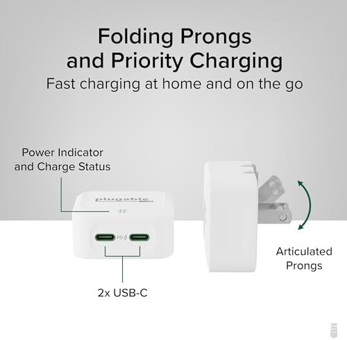 Dual USB-C 40 W Fast Charging Wall Adapter – Compact Plugable Power Charger for i Phone 16, i Pad, Air Pods, Samsung Galaxy, Google Pixel – Foldable Design for Portability and Versatile Use in Home or Travel – Sleek Black Finish for Modern Aesthetics and Enhanced Device Compatibility