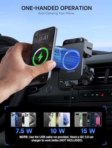 MOKPR Wireless Car Charger, 15W Auto Clamping Car Charger Dash Windshield Air Vent Phone Holder Compatible with iPhone 16 15 14/13/13 Pro/12 pro/12/11/X/8, Samsung S24/S23/S22 – Enhanced Compatibility and Speed