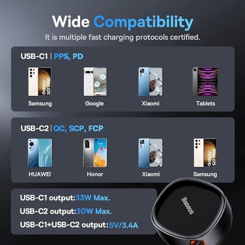 Baseus 33 W Retractable Dual USB-C Car Charger – Fast Charge Your Samsung Galaxy & Tablets on the Go, Sleek Black Design, Compact & Portable, Enhanced Safety Features for Effortless Travel Power Solutions