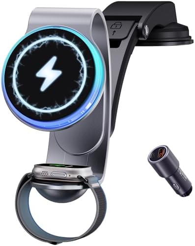 Mag Safe Dual-Function Car Charger & Mount – 18 W Aluminum Alloy Wireless Charging Station with 42.5 W Power Adapter for i Phone 15/14/13/12 & Apple Watch – Effortless Magnetic Hold for Enhanced Road Safety and Convenience