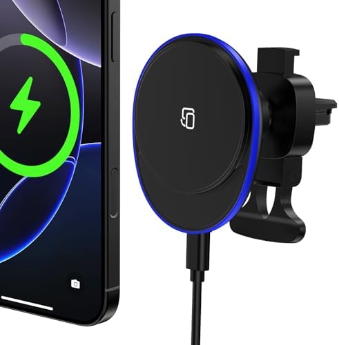15 W Magnetic Wireless Car Charger – Fast Charging Mag Safe Car Mount Holder for i Phone 12-16 & Samsung Galaxy S23-S25 Ultra – Optimized Air Vent Design for Safety & Convenience