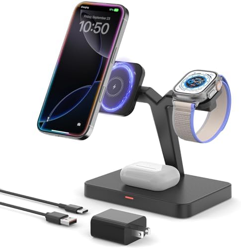 Joy Geek 3-in-1 Foldable Wireless Charging Station for Mag-Safe i Phone – Ultimate Travel Dock for i Phone 12-16 Pro Max, Apple Watch Series 4-10, and Air Pods Pro 2/3/4 – Fast, Compact, and Convenient Power Solution for On-the-Go Charging