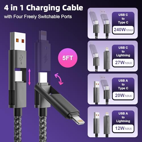240 W 4-in-1 Braided Charging Cable: Ultimate Fast Charge Solution with E-Mark Chip for i Phone, i Pad, Mac Book & Android Devices (5 FT) – Durable Multi-Connector Cord for Seamless Device Compatibility and Superior Performance