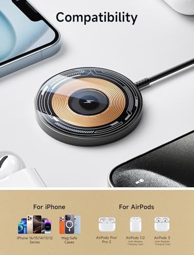 JSAUX Magnetic Wireless Charger – Sleek Silver Fast Charging Pad for i Phone 16 Series, Mag Safe-Compatible with Superior Magnetic Alignment for Efficient Power Delivery, Portable Design for Home & Travel Use, Essential i Phone Accessory for Stylish Charging Solutions
