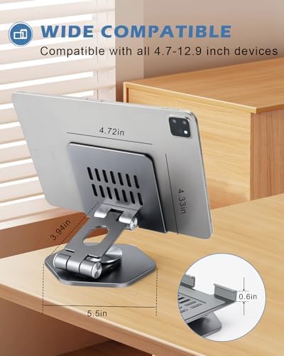 Premium 360° Swivel Tablet Stand for Desk – Adjustable Aluminum i Pad Holder with Rotating Base, Foldable Design for i Pad Pro (12.9/11/10.5/9.7) & All Tablets – Ultimate Comfort & Versatility in Grey Color