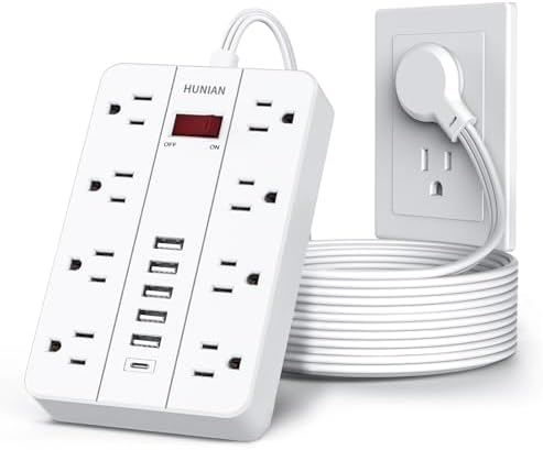 HUNIAN 5 Ft Flat Plug Power Strip with 8 Outlets and 6 USB Ports, Including USB-C Charger – Ultimate Surge Protector for Efficient Home and Office Charging Solutions, Compact Design for Desk and Travel Use, Black