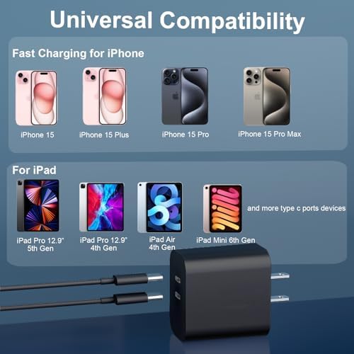 Efficient Power Boost: 20 W Dual Port USB-C Fast Charger with 6 FT USB-C to C Cable – Stylish Pink Wall Charger for i Phone 16/15 Series and Beyond – Perfect for On-the-Go Charging and Versatile Use