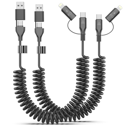 Dynamic 2-Pack Coiled USB-C & Lightning Charging Cables – 3 FT Fast Charge Cord for i Phone 15, 16 & Samsung Galaxy – Ultimate 60 W Power Delivery, Apple Car Play & Android Auto Compatible, Tangle-Free Design for Home & Travel Convenience – Reliable Performance in Sleek Black Finish