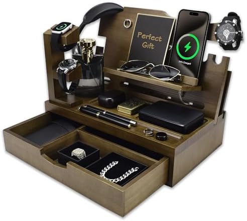 Nightstand Organizer for Men with Large Drawer, Birthday Gifts for Men, Phone Docking Station, Bedside Organizer for Nightstand for Apple Watch, Laptop (Brown, Solid Wood) – Enhanced Compatibility and Speed
