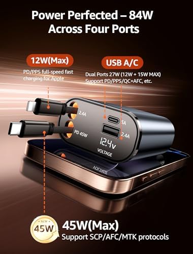 Ultimate 4-in-1 Retractable Car Charger – 84 W Fast Charging USB-C Adapter for i Phone 16, Galaxy, Pixel – 3.9 FT Extended Cable for Enhanced Flexibility & Universal Compatibility – Essential Car Accessory for Quick Device Charging on the Go