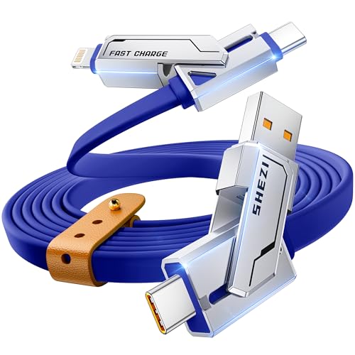 SHEZI 4-in-1 USB C Charging Cable | 240 W Fast Charging Solution for i Phone 16/15 & More | 5 FT Durable Flat Silicone Cord with Lightning, USB-C, USB-A Connectors | Versatile Multi-Device Charger for Home, Office & Travel | Enhanced Compatibility & Speed