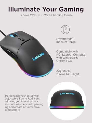 Lenovo M210 RGB Wired Gaming Mouse – High-Performance 8000 DPI Adjustable Sensor, 3 RGB Lighting Zones, and 7 Customizable Buttons for Ultimate Gaming Precision – Ergonomic Palm Grip Design for PC, Laptop, and Chrome OS Users – Unleash Your Game with Enhanced Compatibility and Style