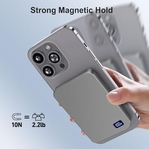 Ultra-Slim Magnetic 5000 m Ah Portable Charger – 15 W Fast Wireless Charging Power Bank for i Phone 15/14/13/12 Pro/Pro Max/Plus & USB-C Compatibility – LED Battery Monitor for Effortless On-the-Go Power