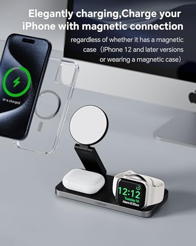Ultimate 3-in-1 Foldable Wireless Charging Station for Apple Devices – Magnetic Mag Safe Stand for i Phone 12-16, Apple Watch, and Air Pods (Sleek Black) – Fast, Space-Saving, and Stylish Charging Solution