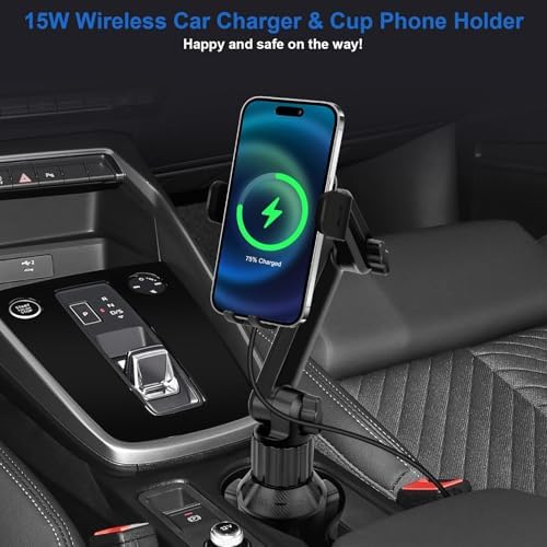 Transform Your Commute with the 2-in-1 Wireless Car Cup Holder Charger: 15 W Fast Charging Auto-Clamping Mount with 13-Inch Adjustable Neck for Enhanced Visibility – Universal Fit for i Phone & Samsung Devices – Securely Power Your Phone While Driving!