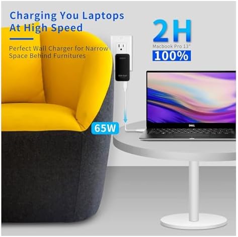 Sleek 65 W Ga N USB-C Wall Charger – Dual Fast Charging Ports for Laptops, Tablets & Phones – Travel-Friendly Compact Design with PPS for Optimal Charging Speed – Versatile Black Finish for On-the-Go Efficiency