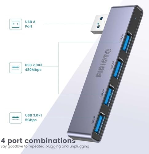 Enhance Your Digital Workspace with Fidioto USB Hub 2 Pack – Versatile 4-Port Adapter for Laptops & Macs, Featuring 1 Ultra-Fast USB 3.0 Port and 3 USB 2.0 Ports for Effortless Device Connectivity and Data Transfer, Ideal for Busy Professionals and Students on the Move