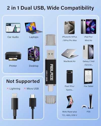 ABLAZE 128 GB Dual USB C Flash Drive 2 Pack – Ultra-Fast USB 3.0 & Type C Compatibility for i Phone 16/15, Android Devices, Laptops & Tablets – Perfect for On-the-Go File Transfers and Data Storage Solutions