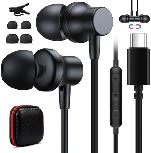 Revolutionary Noise-Canceling USB C Earbuds for i Phone 16 & Galaxy Z Flip Fold 6 – Advanced Wired Headphones Featuring Magnetic In-Ear Design & Integrated Mic for Superior Call Clarity – Universal Compatibility with i Pad, One Plus, Samsung, and Pixel – Exceptional Audio Performance for Music Lovers & Gamers on the Move