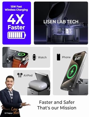 LISEN 3-in-1 Wireless Charging Station for Apple Devices – Mag Safe Compatible Charger Stand for i Phone 16, 15, 14, 13, Apple Watch & Air Pods – Portable, Foldable Design, Fast Charging & Safety Features – Sleek Black Finish for Home or Office Use