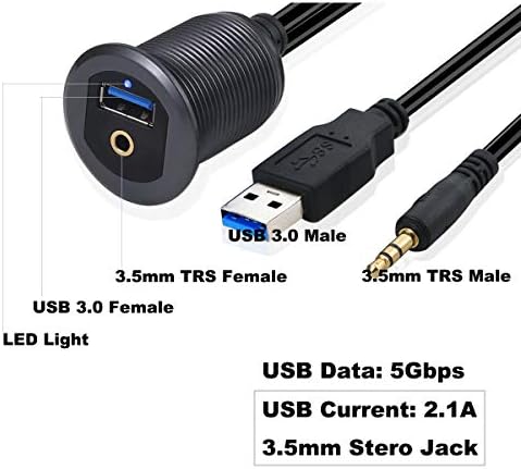 Elevate Your Vehicle’s Connectivity: 3.3 ft USB 3.0 & 3.5 mm TRS Jack Flush Mount Cable with LED – Durable Blue Metal Shell Extender for Seamless Dashboard Integration in Cars, Trucks, Boats, and Motorcycles – Perfect USB & Audio Accessory for On-the-Go Convenience