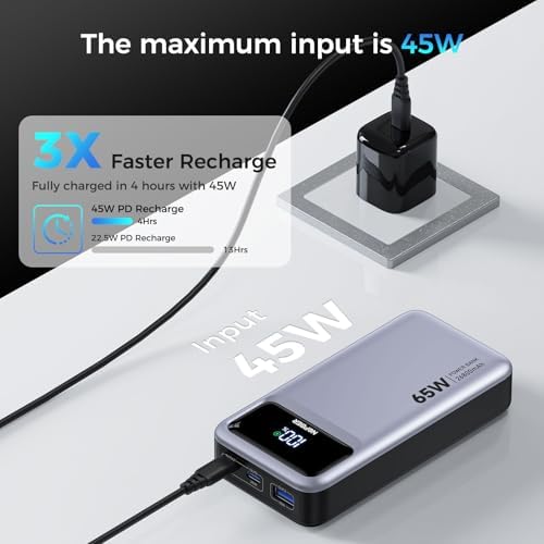 High-Capacity 26800 m Ah Portable Charger – 65 W PD3.0 Power Bank with Digital Display for Rapid Charging of Laptops, i Phones, i Pads, Steam Deck & More – Sleek Black Design for Ultimate Portability and Versatile Compatibility