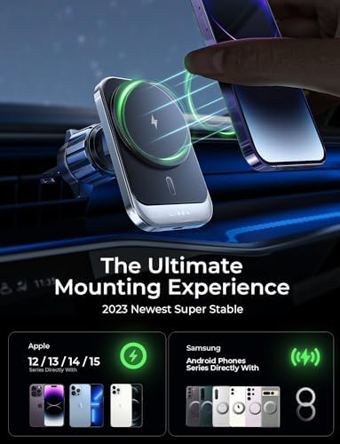 LISEN Mag Safe Car Mount Charger for i Phone 16 – 15 W Fast Wireless Charging Magnetic Phone Holder for Secure Vent Installation, Compatible with i Phone 16, 15 Pro Max & All Mag Safe Devices – Ultimate Hands-Free Convenience & Enhanced Driving Safety