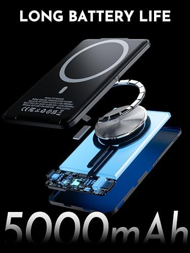 Magnetic Ultra-Slim Wireless Power Bank for i Phone – 5000 m Ah Fast Charging Battery Pack with Integrated Stand – Essential Travel Charger for i Phone 12/13/14/15/16 – Lightweight, Effortless Charging Solution for On-the-Go Users
