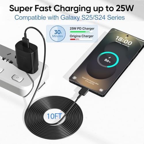 Ultra-Fast 25 W Type-C Charger for Galaxy S-Series – 10 ft USB-C Cable for S25, S24, S23, S22 – Rapid Power Delivery with Superior Safety Features for Mobile Professionals and On-the-Go Users