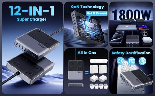 Revolutionize Your Charging Setup with the 12-in-1 USB C Power Strip – 200 W Ga N IV Fast Charger with 4 AC, 4 USB-A, and 4 USB-C Ports, Perfect for Mac Book and i Phone 16/15/14 – 5 ft Cord for Ultimate Flexibility in Home and Office Environments