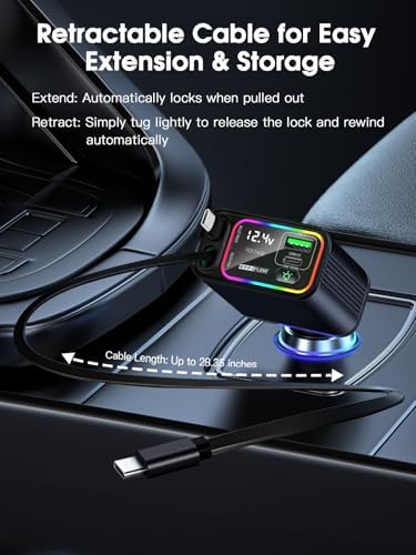 Ultimate 107 W Fast Charging Retractable Car Charger with Built-in Lightning & USB-C – Superior Compatibility for i Phone 16/15/14, Samsung S24/S23/S22, Pixel 9/8/7 – Sleek Black Design for Organized Travel and Efficient Power Solutions
